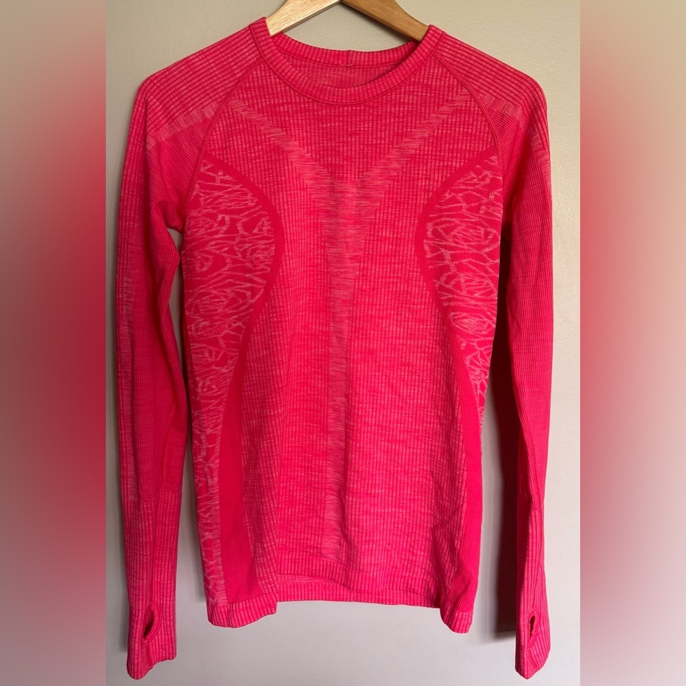 Lululemon Swiftly Tech Long Sleeve Top Neon Coral Pink Thumbholes Size 6